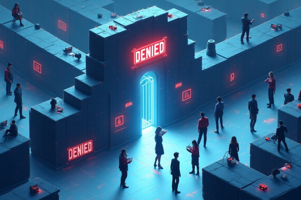 Digital transparency vs platform control illustration. Split scene: left side shows open data flowing to researchers and academics, right side shows locked, blocked data behind corporate barriers. Modern minimalist style, blue and orange color palette, professional business illustration suitable for academic report header