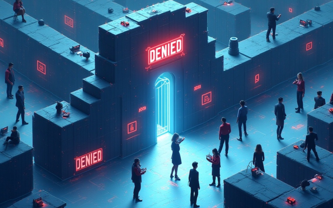 Digital transparency vs platform control illustration. Split scene: left side shows open data flowing to researchers and academics, right side shows locked, blocked data behind corporate barriers. Modern minimalist style, blue and orange color palette, professional business illustration suitable for academic report header