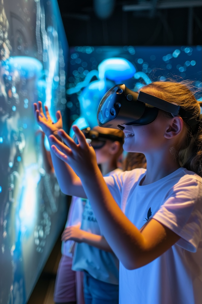 Children immersed in a virtual reality experience at a science museum, simulating a spacewalk. they wear vr headsets and exhibit excitement and awe as they engage in the interactive and educational exhibit.