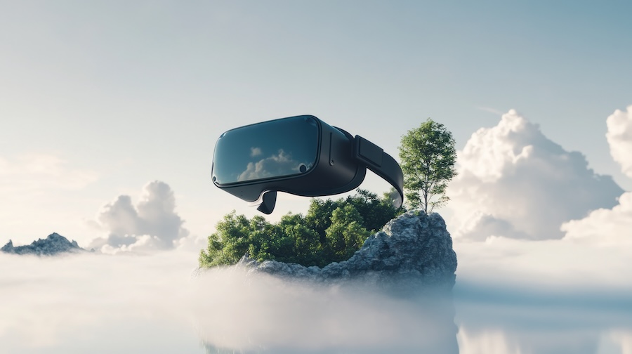 Un auricular de realidad virtual flotando sobre una montaña brumosa