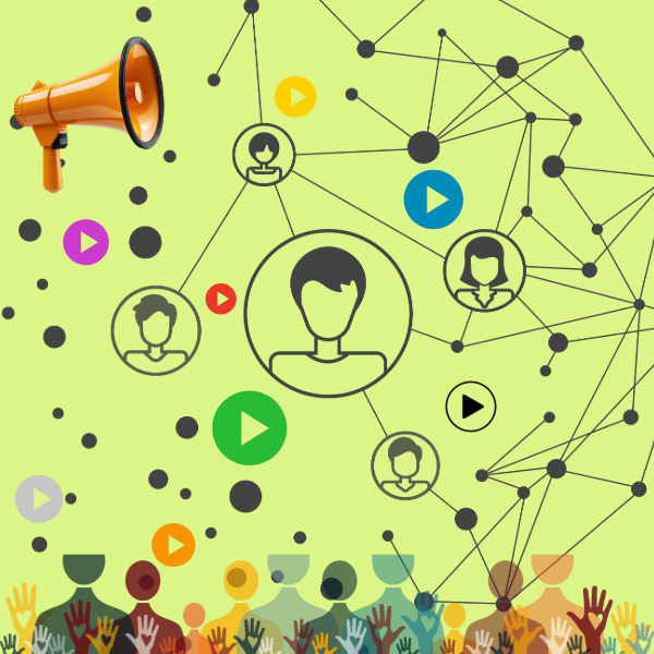 Red de personas conectadas con iconos de reproducción y un megáfono, representando la difusión de contenidos y la comunicación digital.