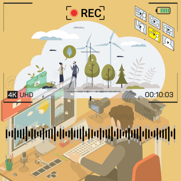 Ilustración de una grabación de vídeo sobre sostenibilidad, con un creador editando contenido y escenas de energías renovables en pantalla.
