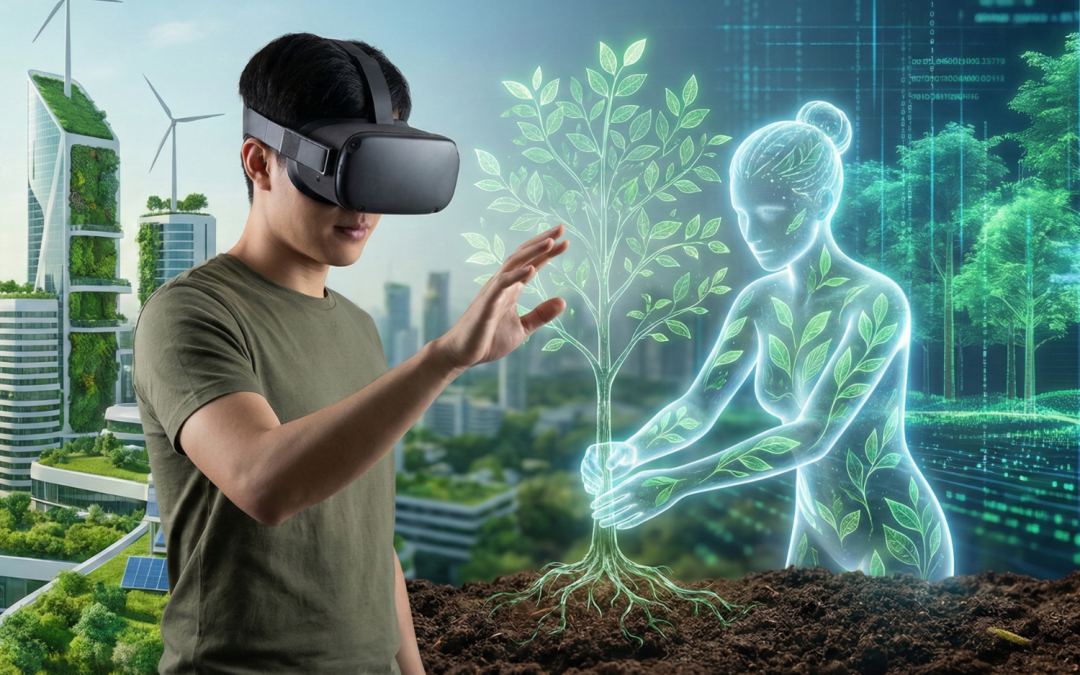 Persona usando gafas de realidad virtual interactuando con una figura digital que planta un árbol, simbolizando sostenibilidad y tecnología verde.