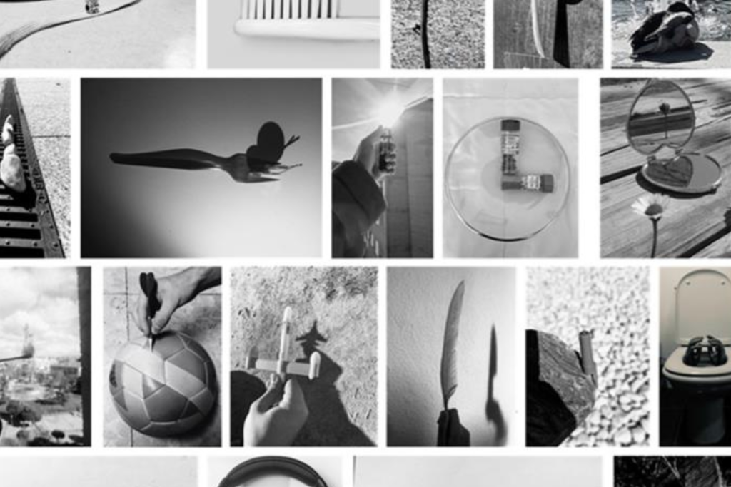 Collage en blanco y negro de imágenes surrealistas con objetos cotidianos combinados de forma creativa y simbólica.