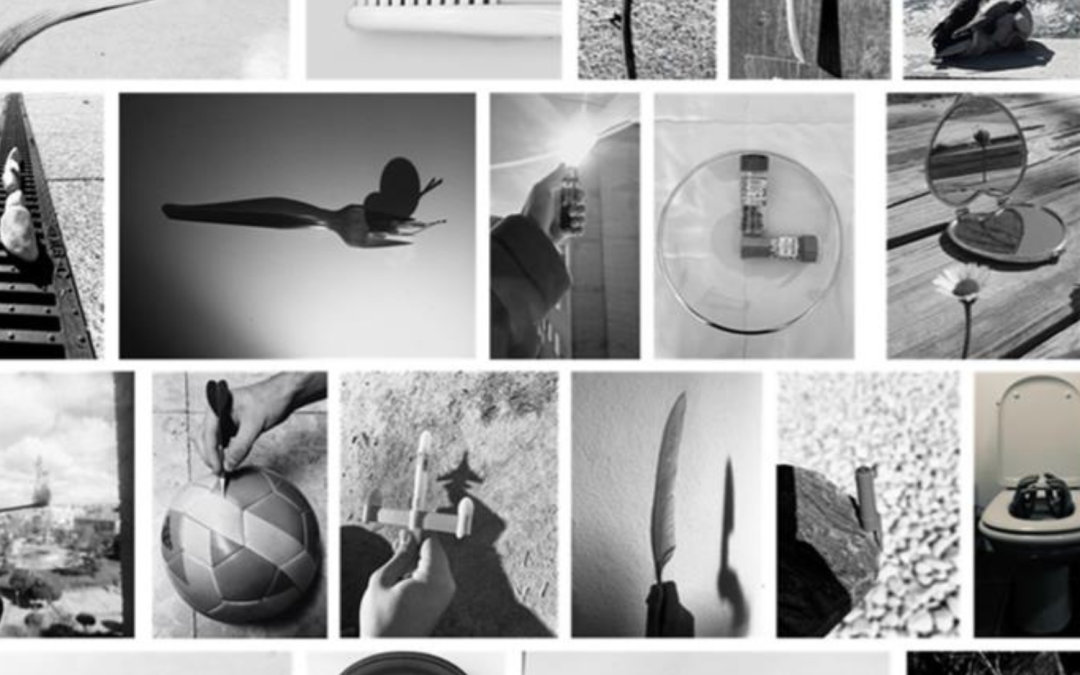 Collage en blanco y negro de imágenes surrealistas con objetos cotidianos combinados de forma creativa y simbólica.